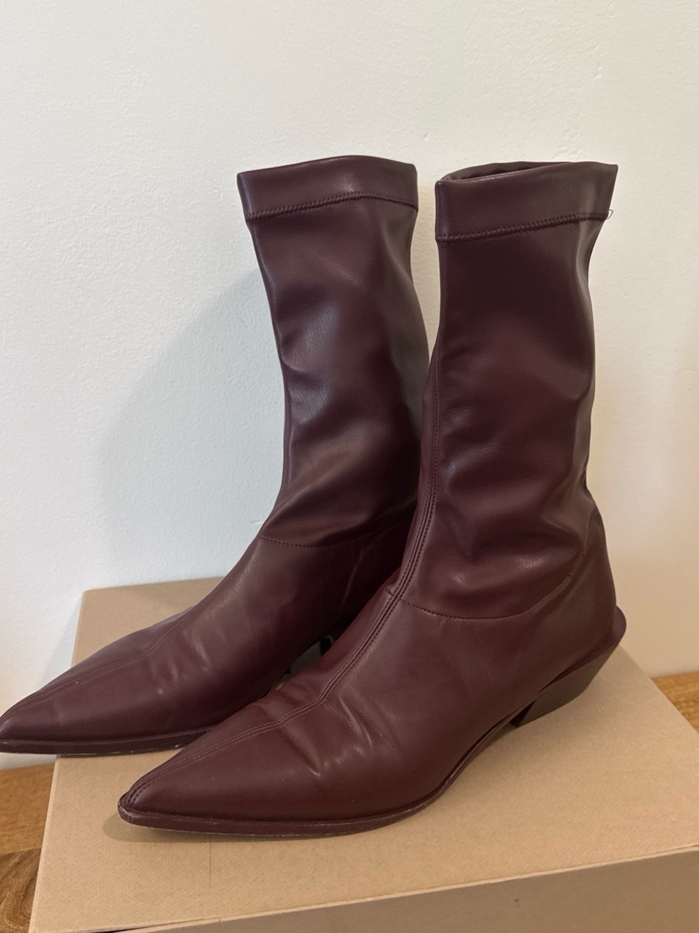 Tibi Leo Burgundy Pointed-Toe Mid-Calf Leather Boots